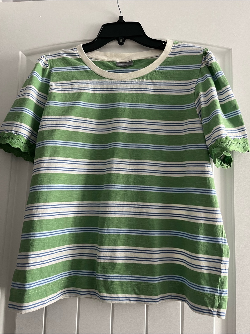 Oliver Bonas Green Striped Knit Tee with Scallop Sleeve Trim